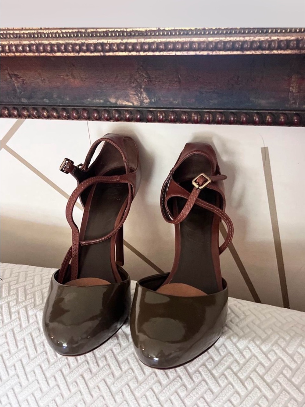 Tory Burch Brown Patent Leather Crisscross Strap Pumps